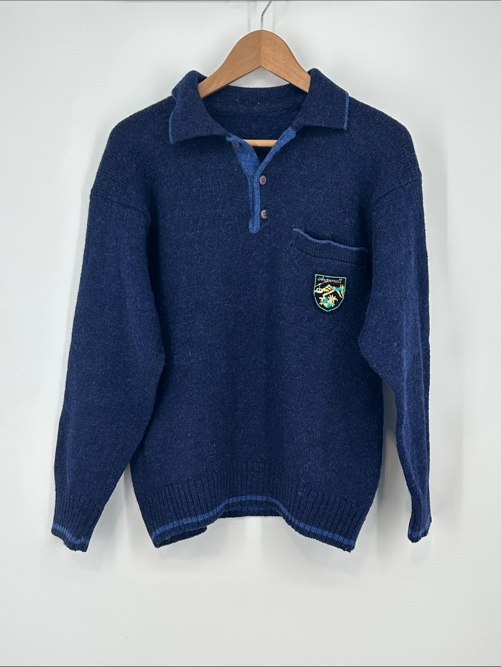 Men's Wool Blend Navy Knit Polo Sweater with Andermatt Swiss Alps Chest Crest